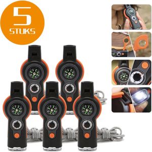 Colorful Sun® 7-in-1 Survivalfluit - 5 Stuks - Oranje/Zwart - Noodfluit met LED, Kompas, Thermometer, Spiegel, Vergrootglas & Opbergvak - 120 dB Alarmfluit - Voor Noodgevallen, Outdoor, Wandelen, Camping & Sport - Inclusief Sleutelkoord