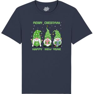 Christmas Gnomies Groen - Foute kersttrui kerstcadeau - Dames / Heren / Unisex Kerst Kleding - Grappige Feestdagen Outfit - Unisex T-Shirt - Navy Blauw - Maat 3XL