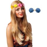 Hippie Flower Power verkleed hoofdband en ronde blauwe glazen party bril