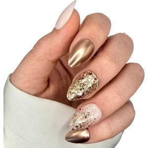 SD Press on Nails - Nagelset No. 78 Copper Magic - Handgemaakte Plakagels - Medium Almond - Rose Gold Glitter - Accessoires Feestdagen