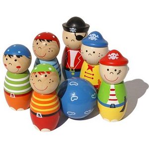 Simply for Kids 22107 Houten Kegelspel Piraten - Geschikt voor 2 jaar en ouder - 6 vrolijke piraten van 8 cm hoog en 3 cm diameter