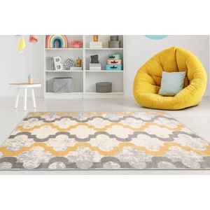 Mazovia Tapijt Grafiet Landelijk Figuren en Vormen - Woonkamer - Rechthoek Voeten Vloerverwarming OEKO-TEX® Certificaat - Grijs Geel - 160 x 220 cm