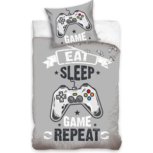 Gaming beddengoedset, kinderbeddengoed, tienerbeddengoed, jongens in grijs, kussensloop 80 x 80 cm + dekbedovertrek 135 x 200, gamer-beddengoed Eat Game Sleep Repeat