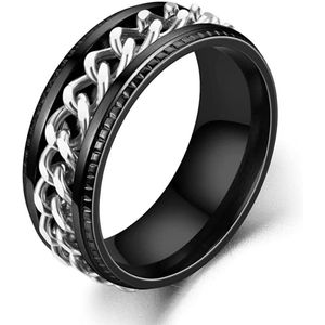Anxiety Ring - (Ketting) - Stress Ring - Fidget Ring - Anxiety Ring For Finger - Draaibare Ring - Spinning Ring - Zwart-Zilver kleurig RVS - (23.25mm / maat 73)