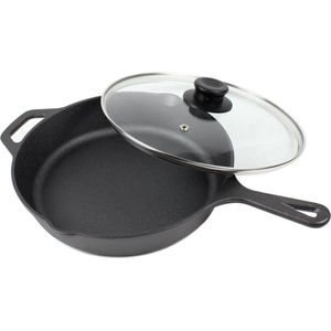 Koock Amsterdam® Skillet gietijzer - koekenpan MET DEKSEL - PFAS vrij - geschikt voor alle warmtebronnen incl. BBQ en inductie