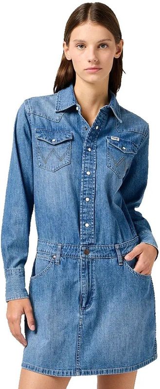 Blousejurk - Denim - 100% Katoen - Lange Mouwen - Leren Patch
