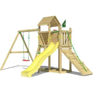 Jungle Gym speeltoestel van grenen hout - Jungle Cove met gele glijbaan - Tuin speeltoestel voor buiten met zandbak, schommel en speelhuisje