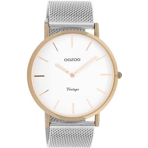 OOZOO Timepieces - Rosé goudkleurige horloge met zilverkleurige metalen mesh armband - C20070