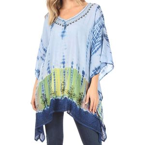 Brede Lange Geborduurde Tie Dye Ombre Poncho Top