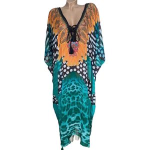 Kaftan half transparant kaftan grote maten met steentjes 31/L 128/105cm One size 42-54 groen/geel/zwart/wit