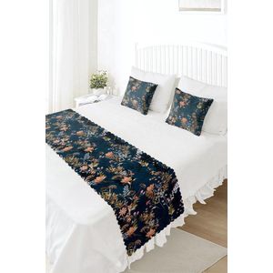 Bedloper & Kussenhoes Set - Bedsprei - Bloemen op donkerblauw - Slaapkamerdecoratie