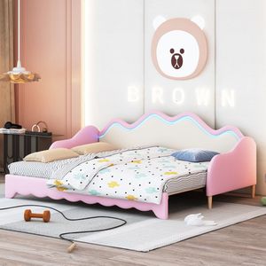Sweiko Gestoffeerd bed 90(180)*190cm, multifunctionele 2-in-1 slaapbank, kinderbed van eco-leer met LED verlichting, met lattenboden, Roze