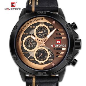 NAVIFORCE horloge voor mannen, met zwarte lederen polsband, zwarte horlogekast en grijze +  gouden wijzerplaat met in het donker oplichtende wijzers ( model 9110 BRGBN ), verpakt in een mooie geschenkdoos