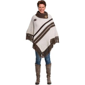 Poncho - omslagdoek - handgemaakt - wol - katoen - duurzaam - ecru - bruin - maat L - ook M en XL