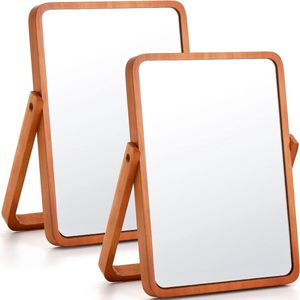 2-delige tafelmake-upspiegel, houten tafel cosmetische spiegel, opvouwbare bureauspiegel, 10 inch draagbare opvouwbare tafel staande spiegel, muurhangende kleine spiegel met houten frame, 360 ° verstelbaar