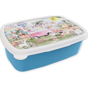 Broodtrommel Blauw - Lunchbox - Brooddoos - Unicorn - Regenboog - Kinderen - Meiden - Auto - 18x12x6 cm - Kinderen - Jongen