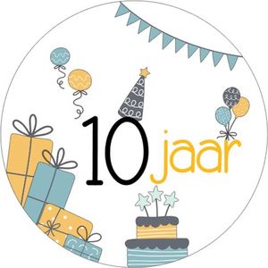 25x Sluitsticker 10 Jaar - Geel Blauw - 40 mm - Verjaardags sticker - Sluitzegel - Sticker Verjaardag jongens meisjes - Ballonnen - Cadeau's Kado's - Glossy - Sluitzegel - Wensetiket - Uitdelen - Jarig - Trakteren - Hoera