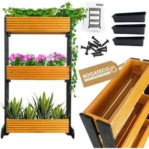 BOGATECO | Set van 3 bloempotten op standaard | Set van 3 bloempot plantenbakken 64x20cm | Houten bloempotten voor tomaten en bloemen, plantenbak voor tuinbalkon | 120cm hoog | Lichtbruin