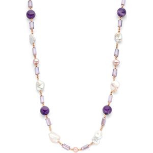 zilver verguld (ros√©) collier parel barok en natuurlijke kleurstenen 45 + 3 cm 3 micron 2401040