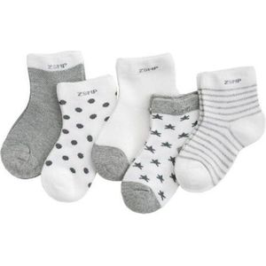 Babysokjes - New born sokken - 0-12 maanden - Katoen - 5 stuks - Grijs en Wit