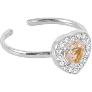 Ring - Hart met Zirkonia - RVS - One Size - Zilverkleurig en Roze