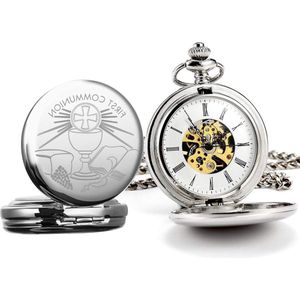 Eerste Heilige Communie cadeau - Gegraveerd mechanisch zakhorloge met ketting en presentatiedoos - Zilver