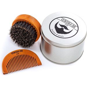Beard Brush with Boar Bristles - High-Quality Storage Box - Gift Box - Includes Beard Comb - Teak Brown - Diameter 6.3 cm