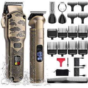 Hatteker Professionele Tondeuse en 4-in-1 Trimmer Set voor Heren – Haartrimmer, Baardtrimmer, Precisie Trimmer & Neustrimmer – IPX7 Waterdicht – USB Oplaadbaar – Draadloos T-Blade – Bronskleurig