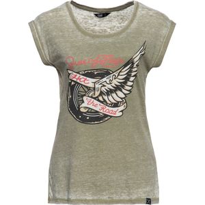 Queen Kerosin Damen T-Shirt Enzyme Wash Hit the Road Wheel Olivgrün-3XL