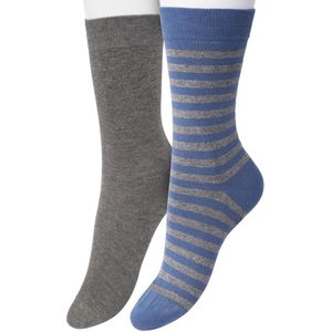 Bonnie Doon Sokken Set Gestreept en Effen voor Dames Blauw/Grijs maat 36/42 - Set met 2 paar Sokken - Strepen - Katoenen Sok - Gladde Naden - Brede Boord - Perfecte Pasvorm - 2-pack - Multipack - Anthracite Heather - Bering Sea - OL041101.131
