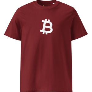 Bitcoin T-shirt - Schuin Wit Bitcoin Symbool - Unisex - 100% Biologisch Katoen - Kleur Bordeaux Rood - Maat S | Bitcoin cadeau| Crypto cadeau| Bitcoin T-shirt| Crypto T-shirt| Crypto Shirt| Bitcoin Shirt| Bitcoin Merch| Crypto Merch| Bitcoin Kleding