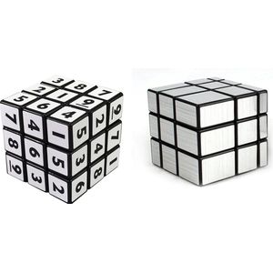 2 breinbrekers kubussen. Magische puzzel breinbreker zilver 5,7 x 5,7 x 5,7 cm en puzzel breinbreker cijfers 5,7 x 5,7 x 5,7 cm met cijfers 1 t/m 9. 2 stuks