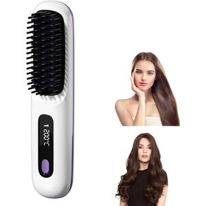 longziming -Draadloze Glättborstel – Mini Haarglättungsborstel met LED Display, 3 Temperatuurstanden, Oplaadbare Straightener Brush voor Haar en Baard, Compact en Draagbaar, Wit