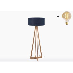 Vloerlamp – EVEREST – Bamboe Voetstuk - Blauw Linnen - Met LED-lamp
