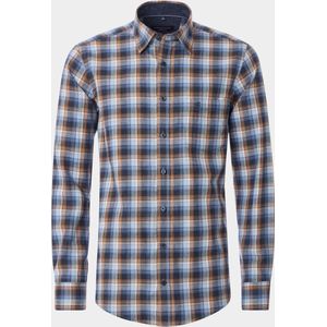 CASA MODA - Sport Casual Fit Overhemd - Blauw met Bruin Geruit - Strijkvriendelijk