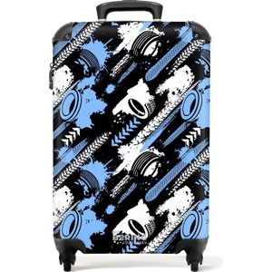 NoBoringSuitcases.com® - Handbagage koffer lichtgewicht - Reiskoffer trolley - Blauwe en grijze banden met bandenspoor - Rolkoffer met wieltjes - Past binnen 55x40x20 en 55x35x25