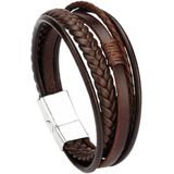 Fako Bijoux® - Armband Heren - Bruin 5 Snoeren - Mannen - 20.5cm - Leer - Magnetische Sluiting - Zilver - Bruin