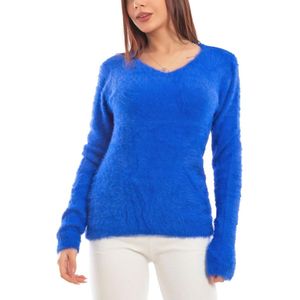 Dames V-hals Imitatiebont Trui - Zachte en Rekbare Trui in Blauw (L/XL)