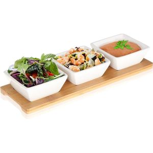 4-delige keramische schalenset met bamboe plank - snackschalen op serveerplank voor het ontbijtbuffet - dipschaal - porseleinen dessertschalen (4-delige schaaltjes met plank)