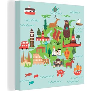 Canvas Wereldkaart - 50x50 - Wanddecoratie Wereldkaart Kinderen - Groen - Europa