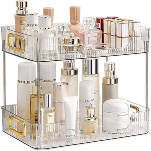 Badkamer Organizer met 2 Lagen - Transparant Make-up Opbergrek - Cosmetica en Huidverzorging Organizer - Handige Opbergtray voor Wastafel - Compact en Ruimtebesparend Opbergsysteem