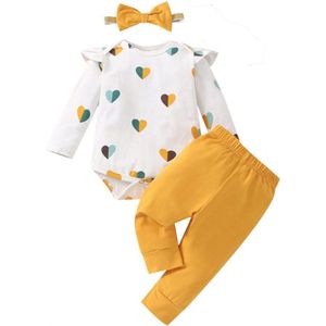 3-Delige Baby Kleding Set Voor Meisjes - Romper Met Hartjesprint En Broek Met Hoofdband - Outfit Voor Pasgeboren Baby 0-18 Maanden