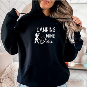 Dames hoodie Camping Wine diva maat 3XL -Zwarte hoodie