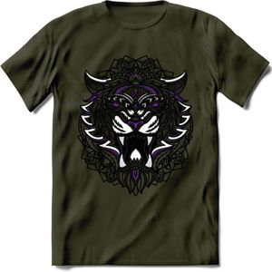 Tijger - Dieren Mandala T-Shirt | Paars | Grappig Verjaardag Zentangle Dierenkop Cadeau Shirt | Dames - Heren - Unisex | Wildlife Tshirt Kleding Kado | - Leger Groen - L