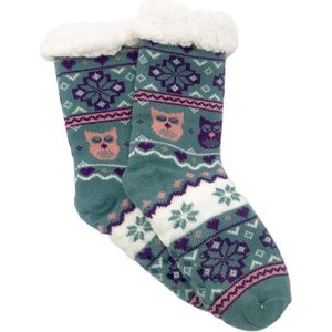 Merino schapen Wollen sokken - Groen met Uiltjes - maat 39/42 - Huissokken - Antislip sokken - Warme sokken – Winter sokken