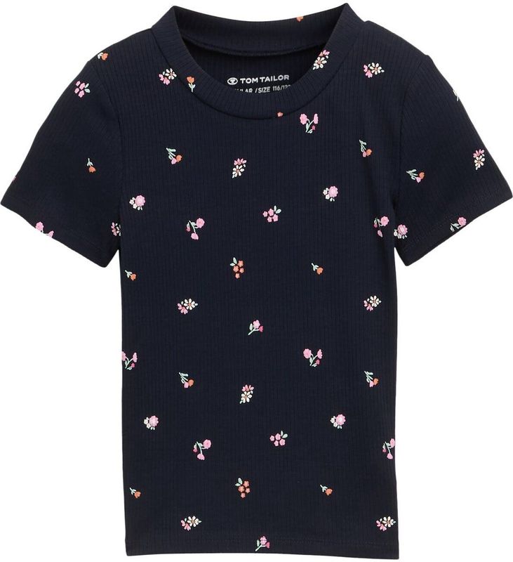 TOM TAILOR - Shirt - Donkerblauw - Ronde Hals - Kwartmouw - Bloemenprint
