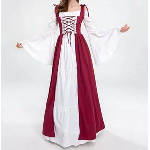 Middeleeuwse damesjurk met klokmouwen, middeleeuwse feestjurk, bordeauxrood, maat M