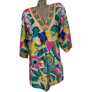 Kaftan - Tuniek - jurk - Strandjurk met print One size S-L geel/groen/roze