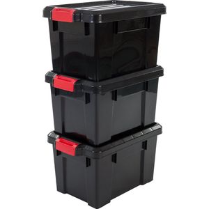 IRIS Powerbox Opbergbox - 21L - Kunststof - Zwart/Rood - Set van 3