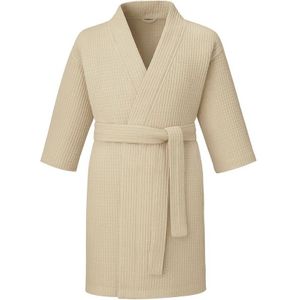 Kimono wafelkatoen kort model met 3/4 mouw – Lichtgewicht Badjas van 100% hoogwaardig Wafelkatoen – Dames & Heren – Lichtbeige / Zandkleur – Perfect voor Sauna, Vakantie en Thuisgebruik - maat S/M